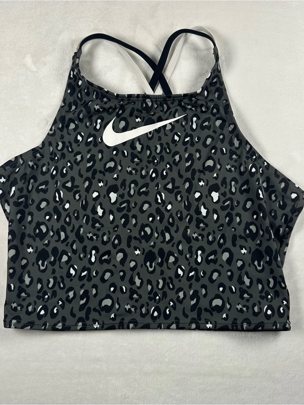 Nike Black & Gray Leopard Print Kids Swim Bikini Crop Top with White Swoosh